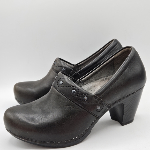 Dansko Riki antique green/ brown leather 2.5" clog loafers 38 US size 7.5 / 8 - Picture 6 of 16